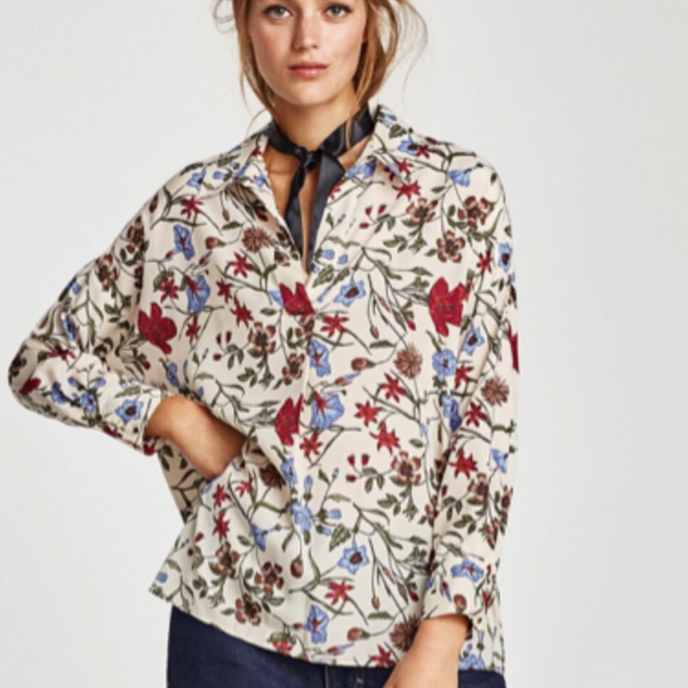 Zara Blouse XS Beige Floral Long Sleeve VNeck NWT